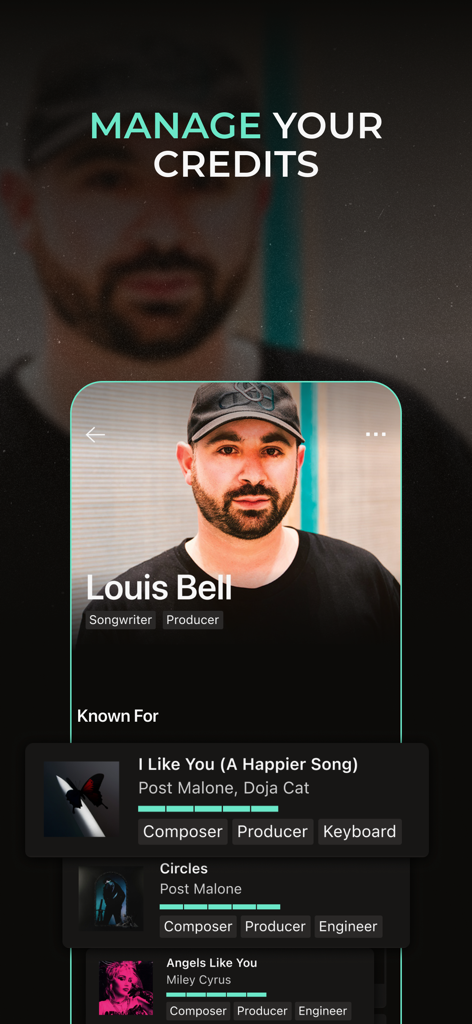 Muso.AI app interface displaying a music producer profile with verified credits for hit songs.