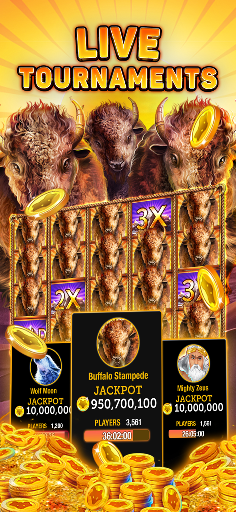 Live tournaments screen in Slots Vegas Lights showing Buffalo Stampede and other themed slot jackpots with gold coins.