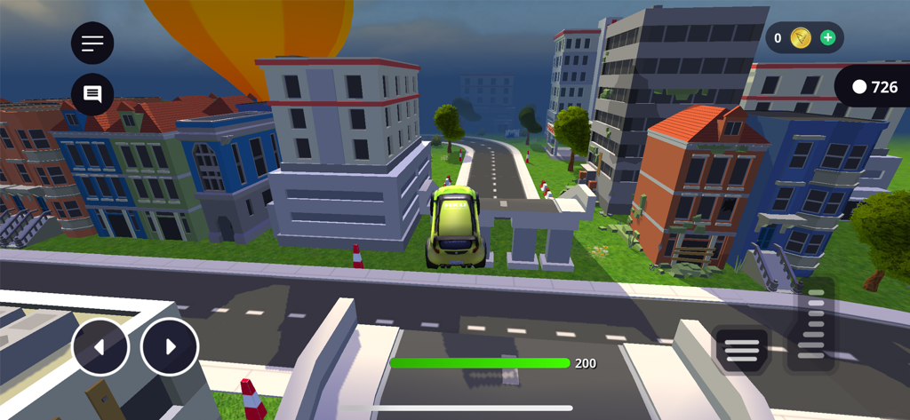 Struckd - 3D Game Creator - A 3D city racing level in Struckd showing a car jumping over a road gap between colorful buildings.