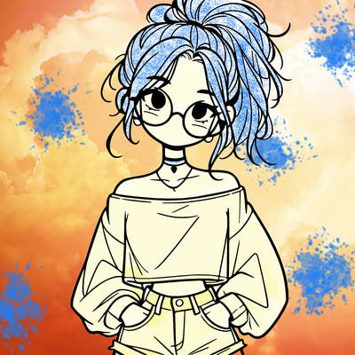 girl with a messy ponytail glasses a baggy crop top and jean shorts