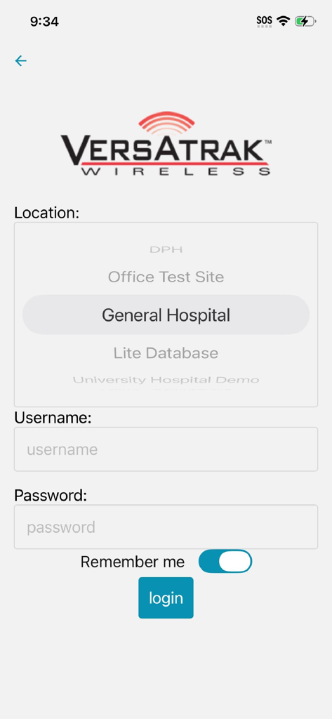 VersaTrak Mobile - 施設監視およびワイヤレスセンサーデータ用のVersaTrak Mobileアプリログイン画面。