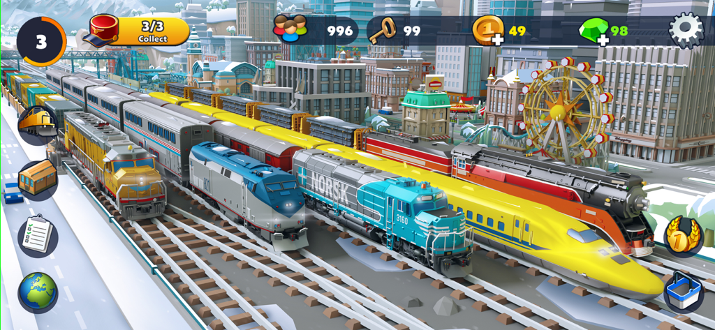 A variety of modern and historical trains on multiple tracks in a city setting in Train Station 2 Railroad Sim
