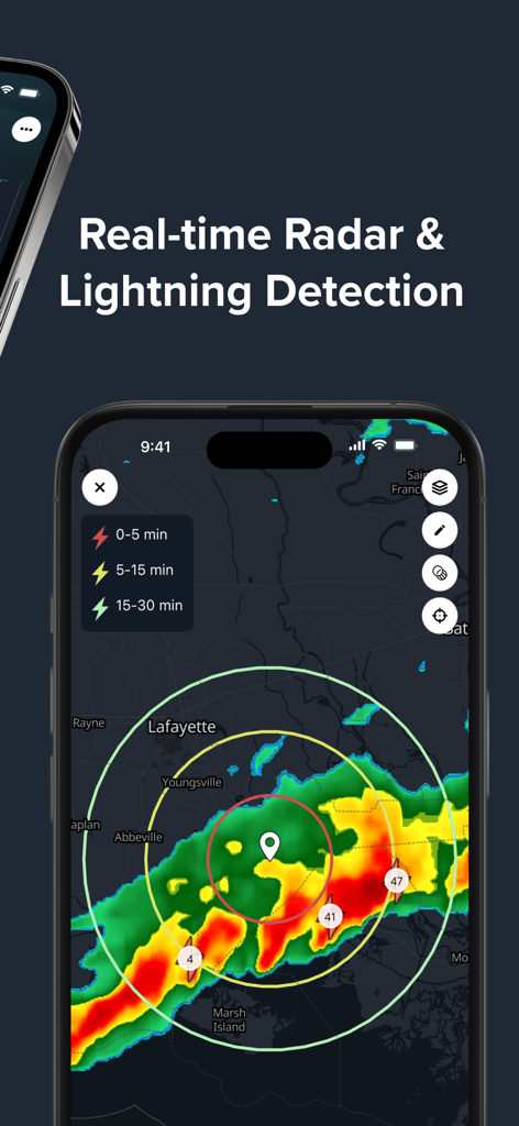Perry Weather - Professional weather app interface displaying real time radar and lightning detection for safety management