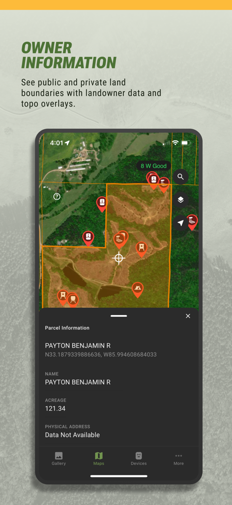 Moultrie - Moultrie app interface showing property boundaries and landowner information on a satellite map