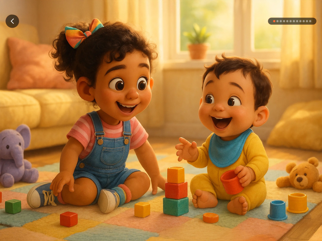 Whimsical illustration of two happy children playing with colorful blocks
