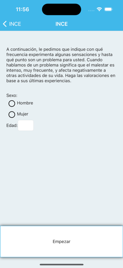 INCE - Pantalla inicial del perfil de usuario en la aplicación INCE para la selección de edad y género