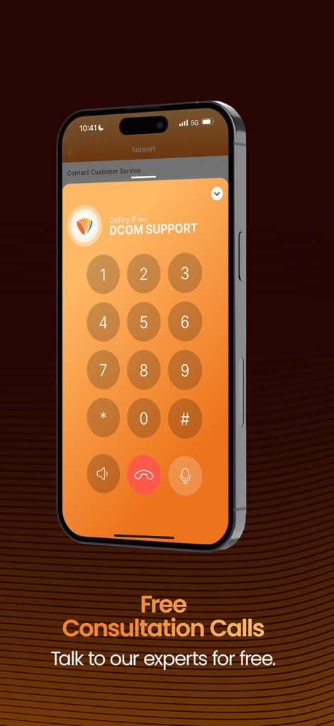 DCOM Money Express - Mobile phone displaying the DCOM Money Express free consultation call screen with a numeric dial pad.