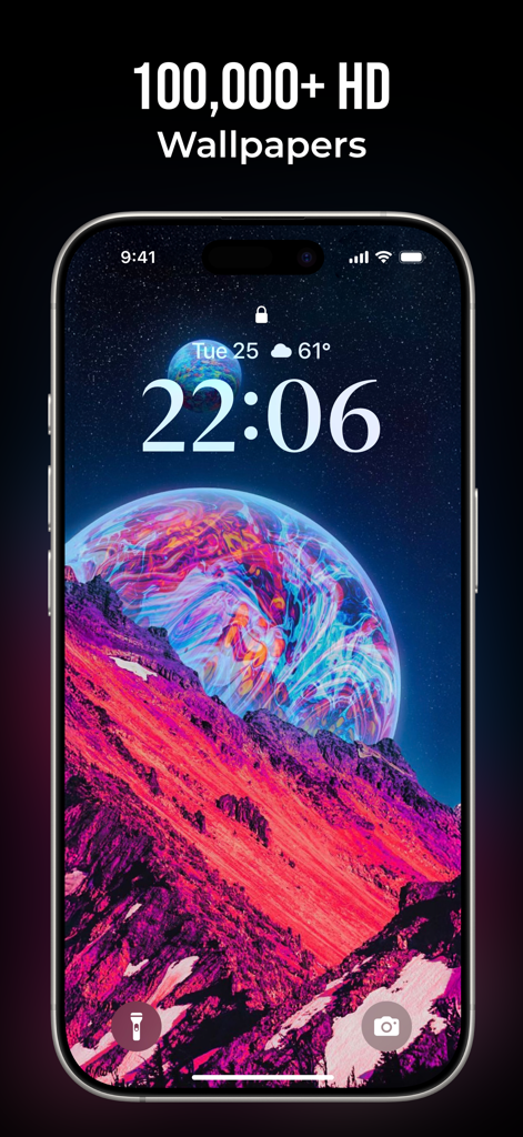 Live Wallpapers -4K Background - Pantalla de bloqueo de iPhone con un colorido fondo de pantalla cósmico de planetas y montañas