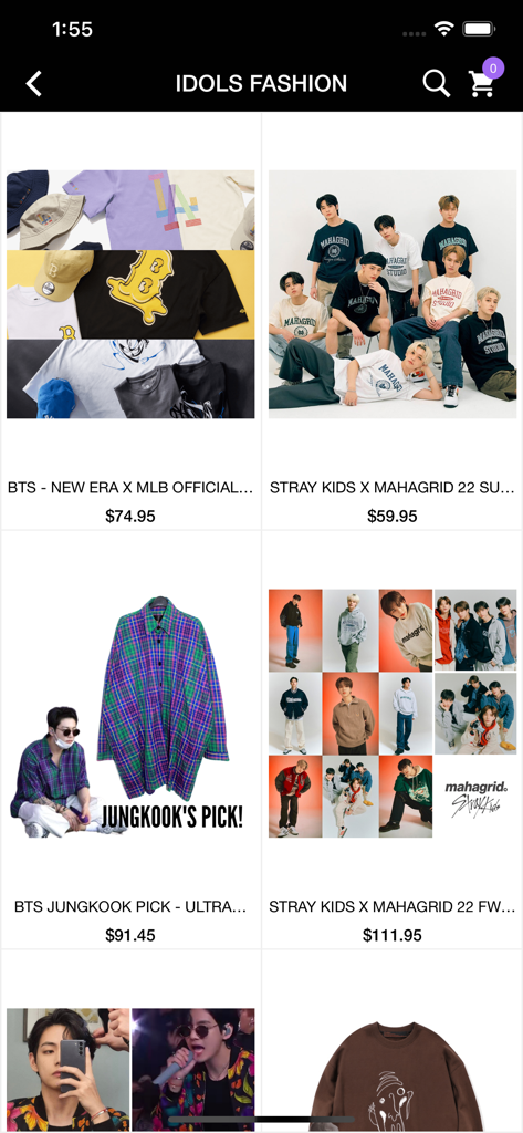 Mobile app screen showing various K-pop idol fashion items for sale including BTS and Stray Kids merchandise.