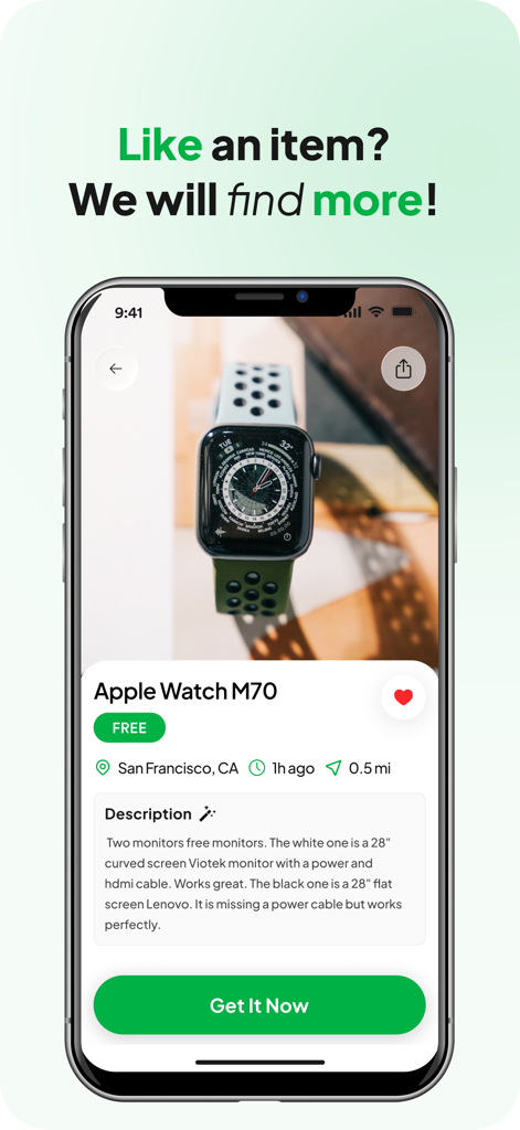 A mobile app screenshot of a free Apple Watch listing in the Freeby marketplace with a Get It Now button