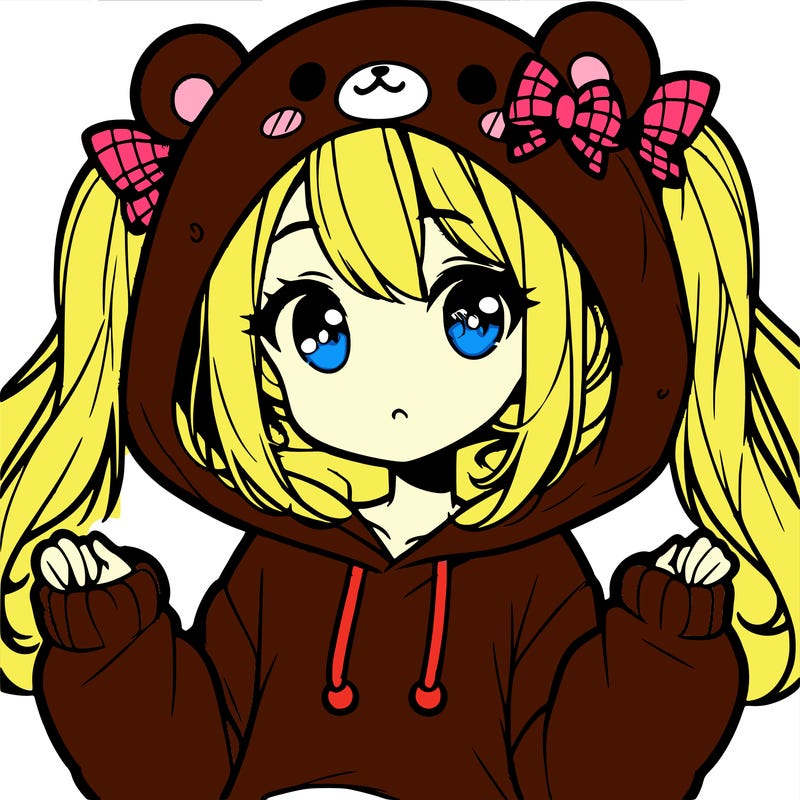 cute anime girl with ponytails and a cute bear hoodie