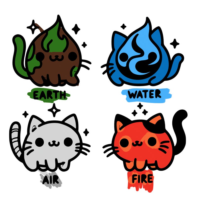 4 cats that represent the different elements, earth, water, air, and fire