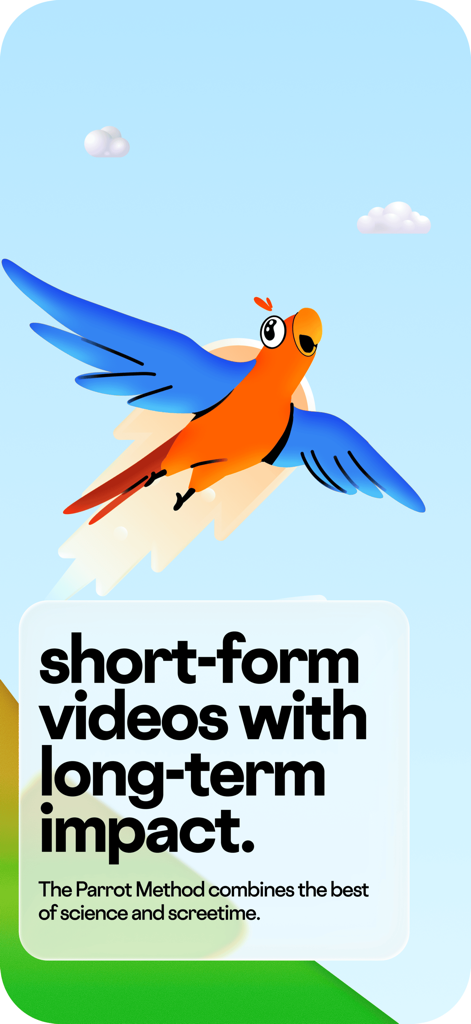 Parrot – Learn Spanish Fast - Cartoon parrot flying above text describing the parrot learning method using short form videos for Spanish