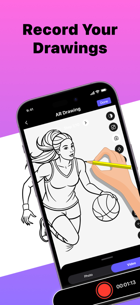 Drawing Projector: AR Drawing - Pantalla de smartphone mostrando la aplicación Dibujo AR grabando un boceto de un jugador de baloncesto que se está calando con un lápiz.