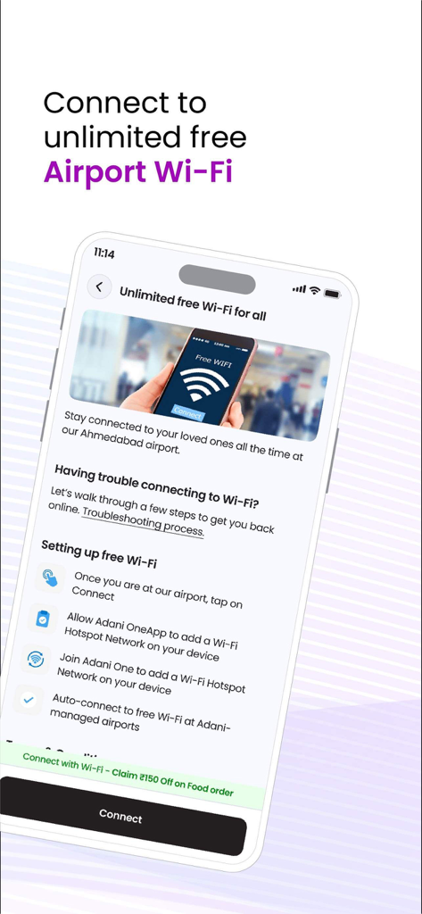 Adani OneApp: For Smart Travel - 無制限の無料空港Wi-Fiの接続手順とボタンを表示するAdani OneAppのモバイル画面