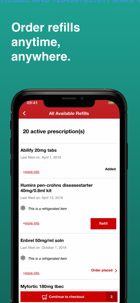 CVS Specialty - CVS Specialty app interface showing a list of active prescriptions like Humira and Enbrel with options to order refills