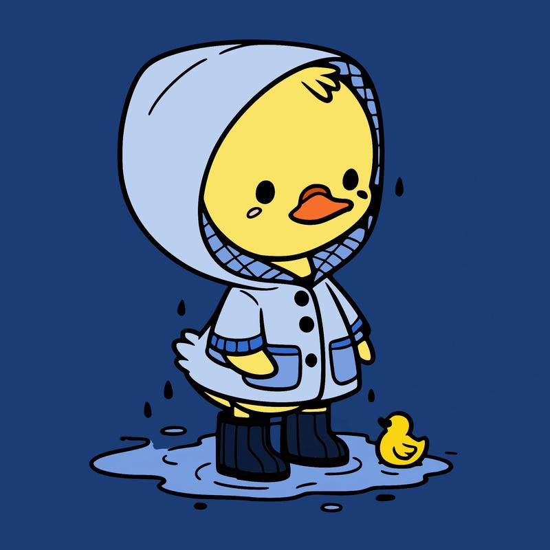 baby duck in a rain coat and boots, in a puddle while it’s raining