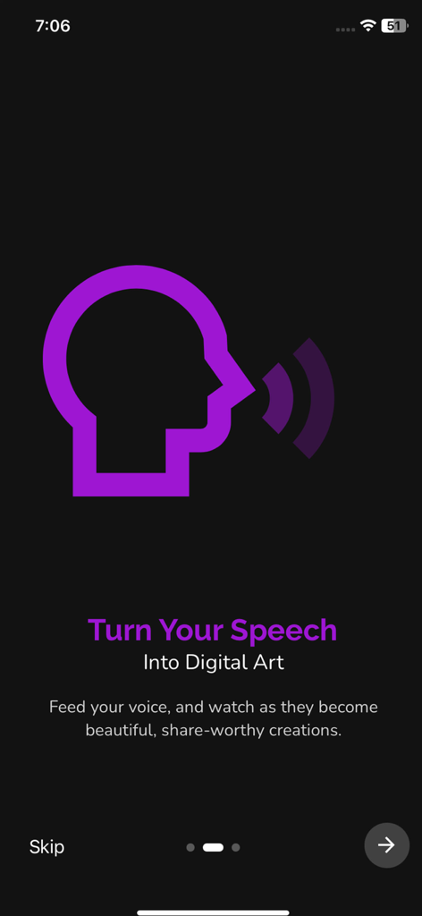 Speech To Image AI Generator - Tela de integração do Gerador de IA de Voz para Imagem apresentando um ícone de cabeça roxa representando a criação de arte digital a partir da voz