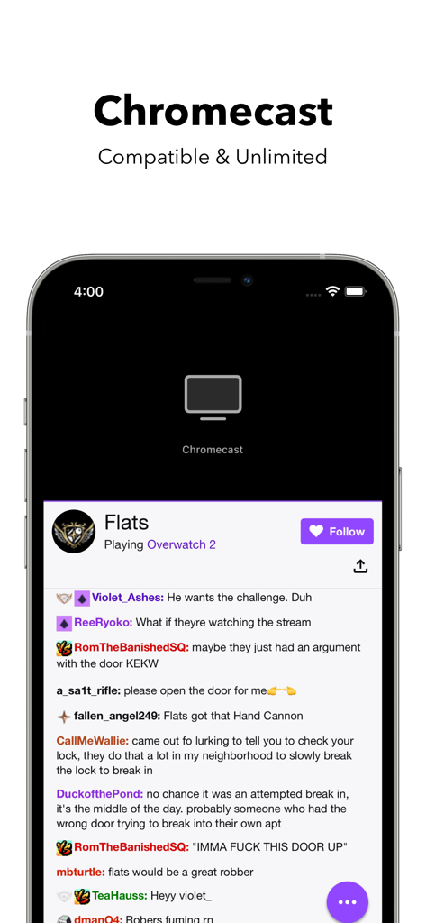 Screenshot of Video Lite app showing Chromecast feature with a live video stream and chat interface