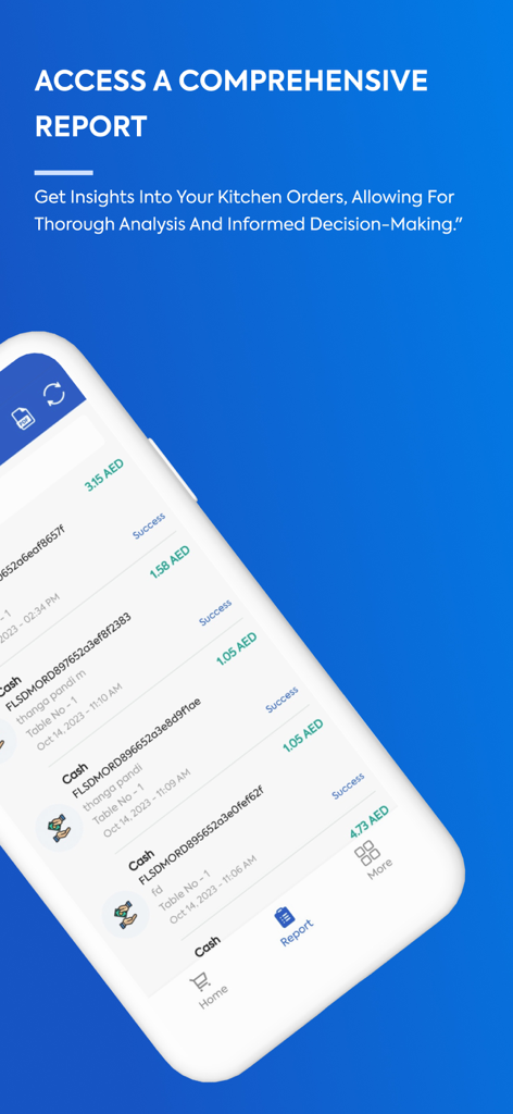 Mobile interface of a kitchen app showing a detailed report of processed restaurant orders