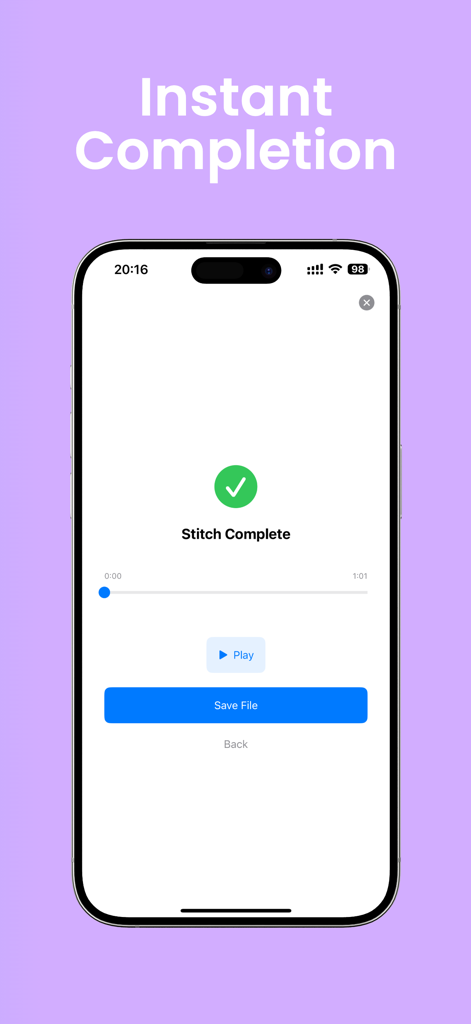 Mobile interface of Sound Stitch app showing a successful audio merge with play and save file options