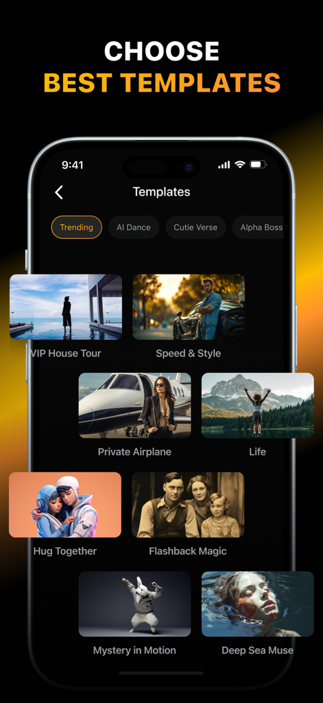 Aragon AI: Video Generator - A mobile phone screen displaying various creative video templates within the Aragon AI app interface