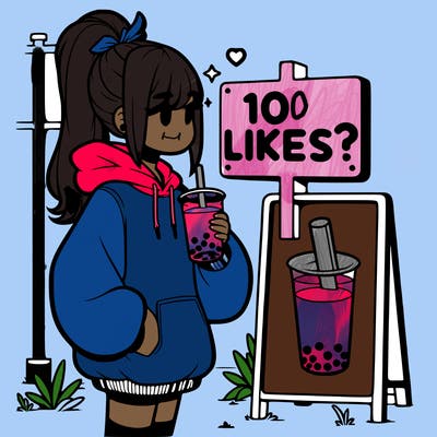 girl with oversized hoodie drinking boba and she has a high ponytail with a sign that says 10likes?