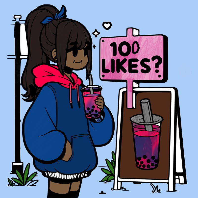 girl with oversized hoodie drinking boba and she has a high ponytail with a sign that says 10likes?
