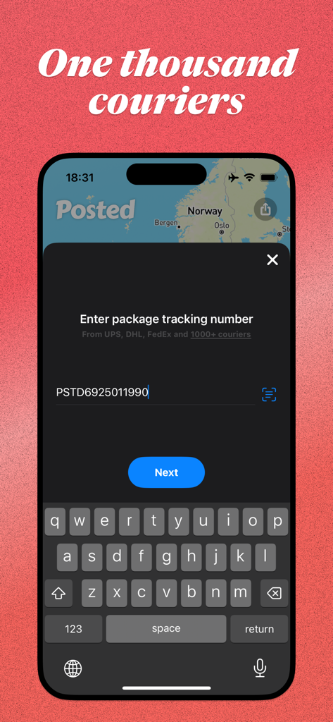 Screen of the Posted app showing the interface to enter a package tracking number for over one thousand couriers