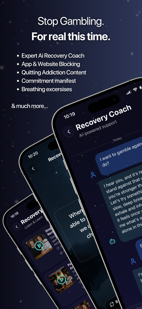 Betless: Quit Gambling - Betless app interface highlighting AI recovery coach and gambling addiction blocking tools