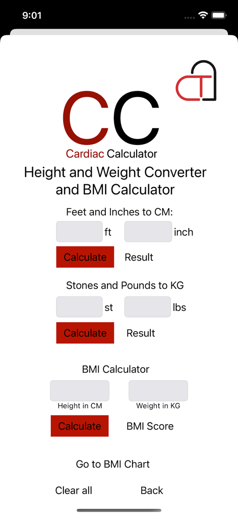 The Cardiac Calculator - Interface of the height and weight converter and BMI calculator within The Cardiac Calculator app