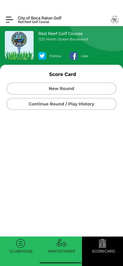 City of Boca Raton Golf - Pantalla de tarjeta de puntuación de la aplicación de golf de la Ciudad de Boca Ratón para el campo de golf Red Reef.