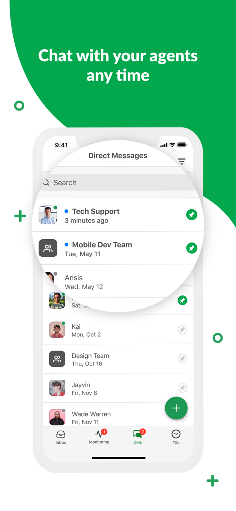 Interface of the Tawk.to app showing a list of direct messages with support agents and business teams