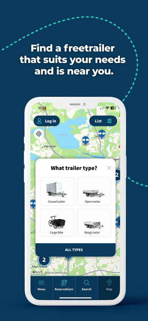 Freetrailer - Freetrailer mobile app map interface showing available locations and trailer types selection menu