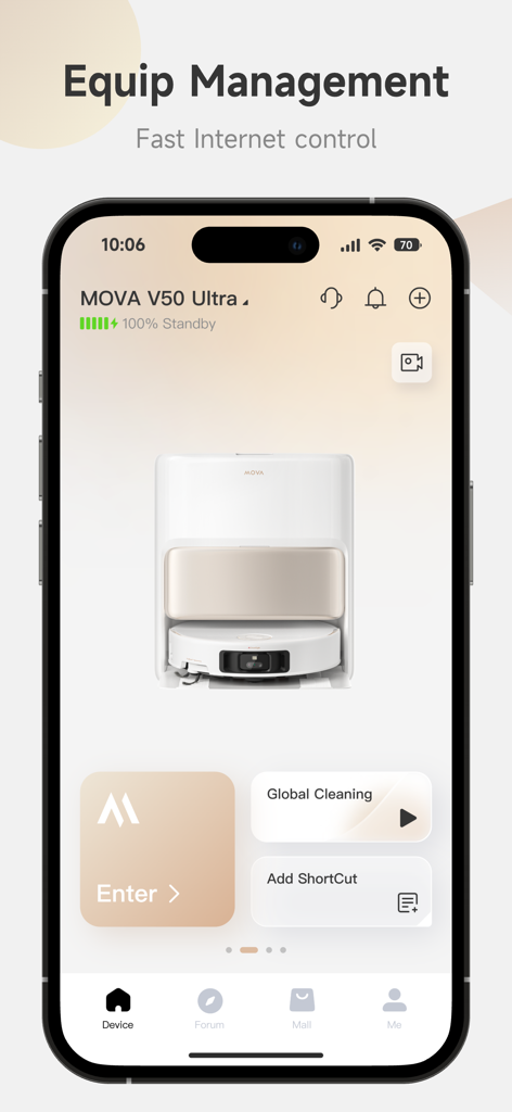MOVAhome - Écran de l'application MOVAhome montrant la gestion et l'état du robot aspirateur MOVA V50 Ultra