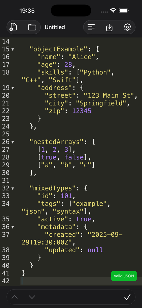 JSONCraft app interface showing formatted code with syntax highlighting and validation badge