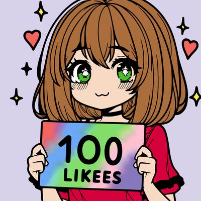 anima girl holding a 100 likes sign in her hand