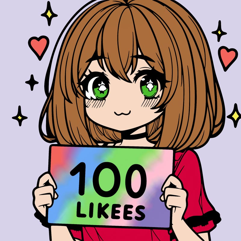 anima girl holding a 100 likes sign in her hand