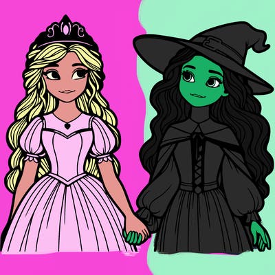 a princess and a witch holding hands realistic
