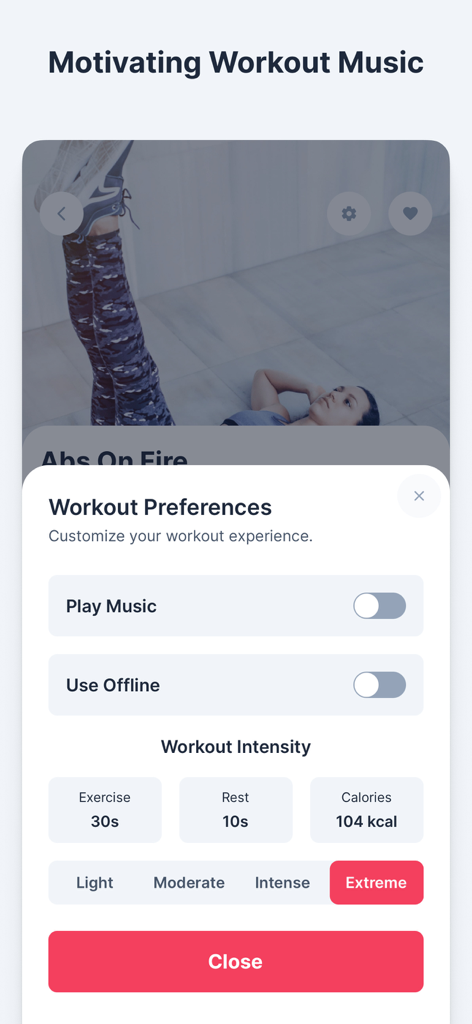 WeBurn: Home Workout for Women - Pantalla de preferencias de entrenamiento de WeBurn que muestra opciones para reproducir música, usar sin conexión y seleccionar niveles de intensidad de entrenamiento de ligero a extremo.