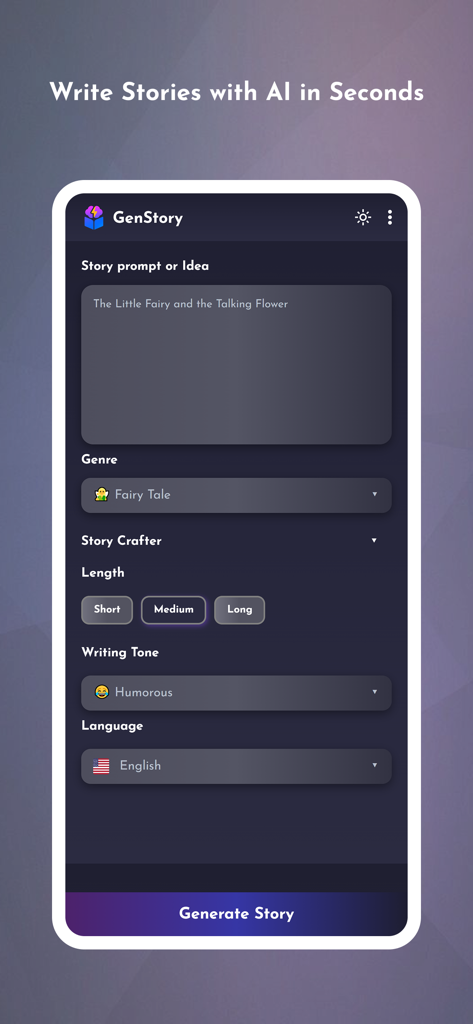 GenStory: AI Story Creator - Interface do aplicativo GenStory mostrando opções para criar uma história com IA com um prompt e seleção de gênero