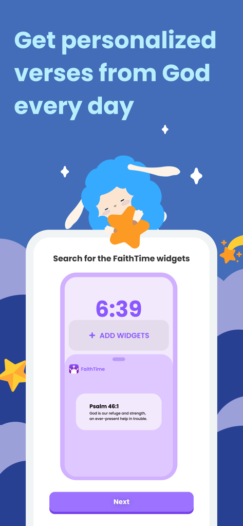 FaithTime: Devotion&Community - FaithTime app screenshot showing a daily Bible verse widget with a cute blue lamb companion.