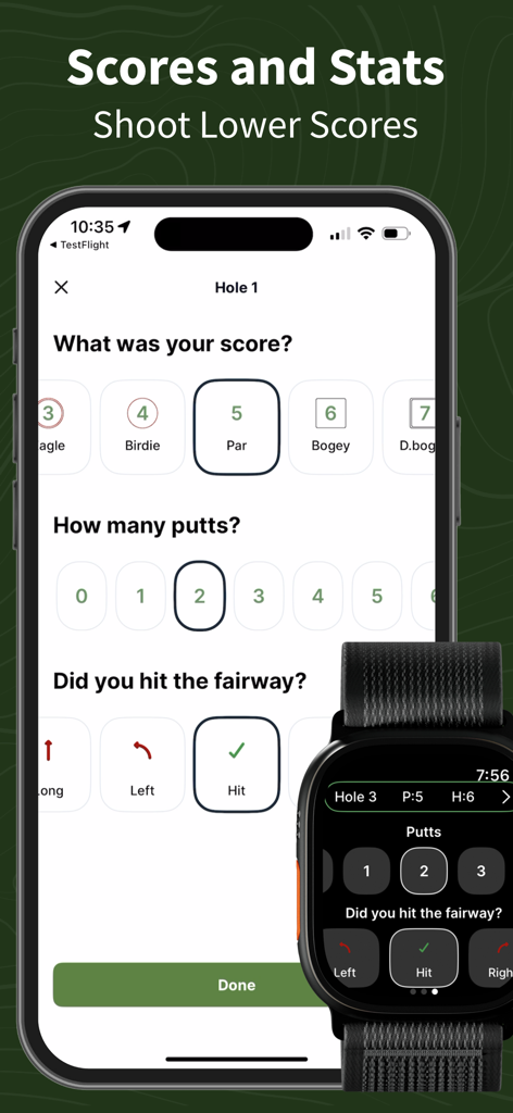 GolfLogix: 3D Golf Course GPS - GolfLogix score and stat tracking interface on iPhone and Apple Watch