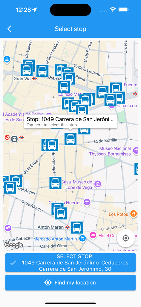 Interfaz de mapa de la aplicación Espera Bus Madrid mostrando ubicaciones de paradas de autobús y una ventana emergente de parada seleccionada