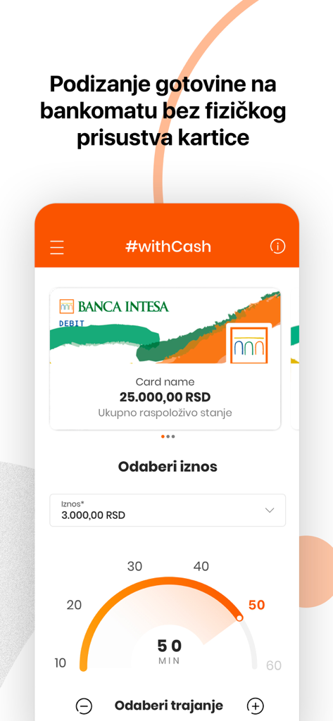 Banca Intesa Mobi app screen showing the withCASH feature for cardless ATM withdrawals
