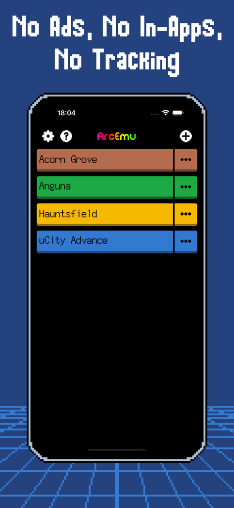 Biblioteca de juegos de la aplicación ArcEmu en iPhone mostrando una lista de juegos retro con un banner que destaca la ausencia de anuncios y seguimiento