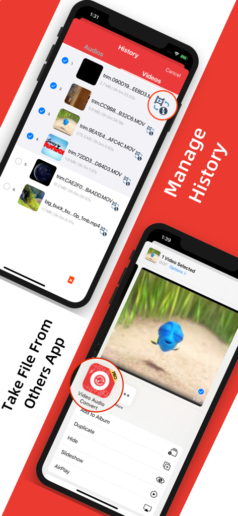 Mobile app interface of Video Audio Converter showing video history management and file importing from other apps