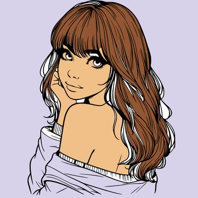 realistic girl with bangs looking over her shoulder