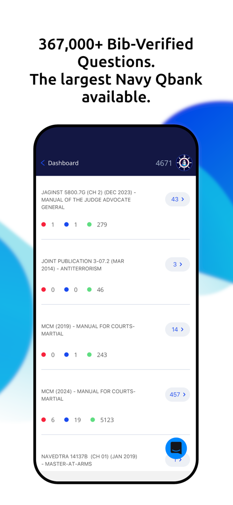 Bluejacketeer - Bluejacketeer app dashboard showing bib-verified Navy study questions and military reference manuals