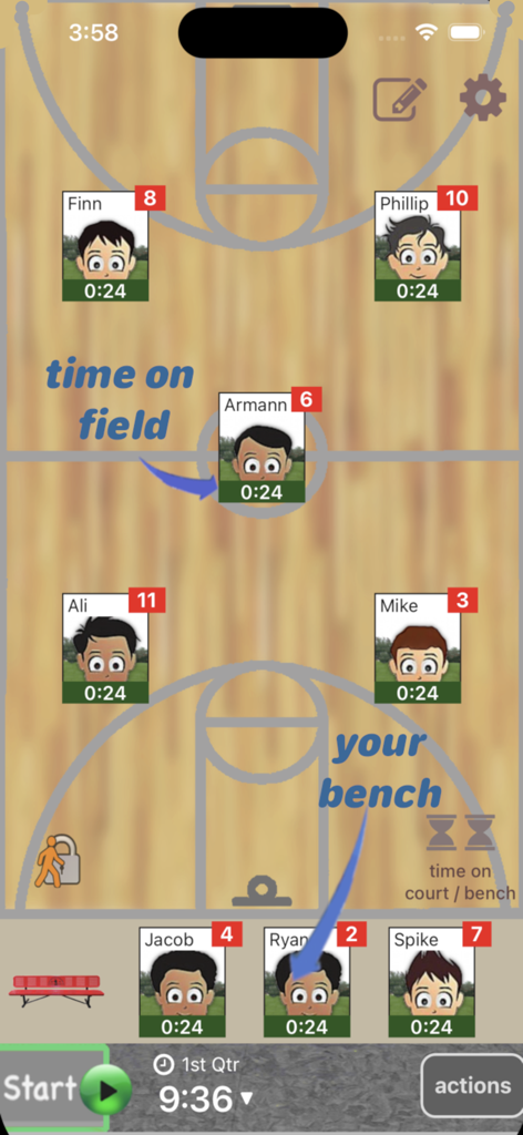 Who's On - Basketball - Interface of the Who's On - Basketball app showing player positions on the court and the bench with individual playing time trackers.